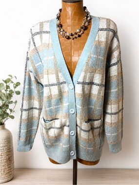 Cyrus Plaid Button Front Cardigan Sweater Blue & Cream